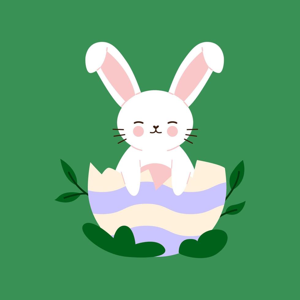 Cute Easter bunny in egg. Cute Rabbit cartoon character. Flat illustration isolated on green background. vector