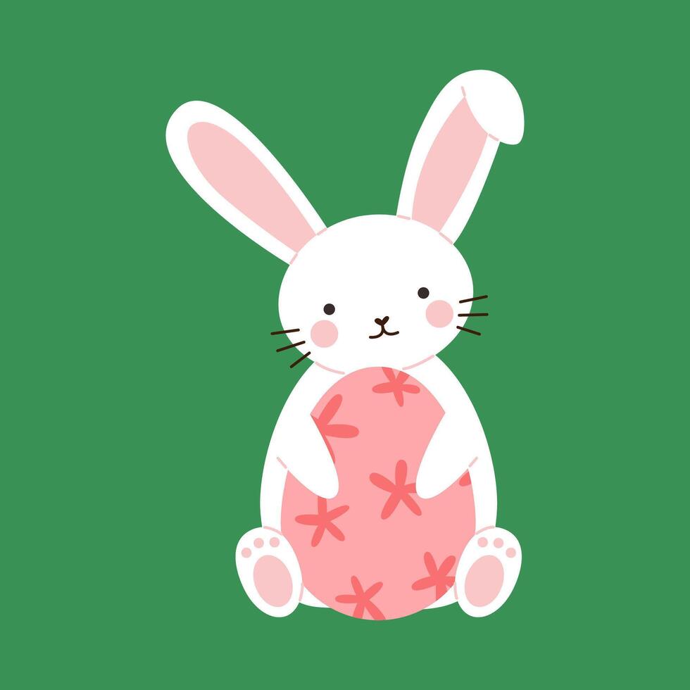 Cute white bunny with easter egg. Cute Rabbit cartoon character. Flat illustration isolated on green background. vector