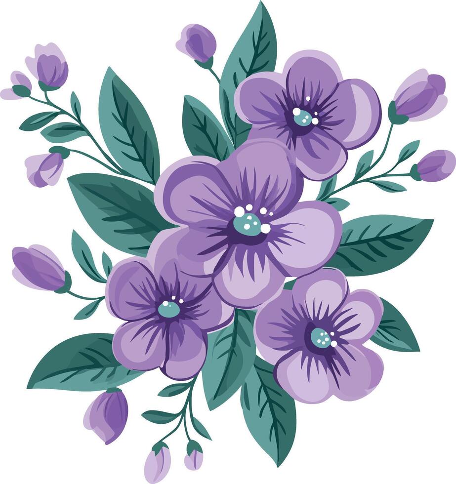 Vibrant Floral Arrangement with Purple Blossoms and Lush Green Leaves in Modern Botanical Style vector