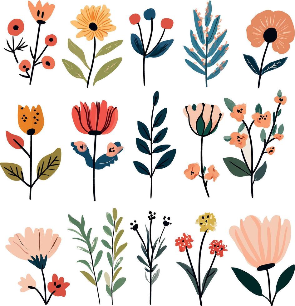 Vibrant Floral Grid Illustration with Stylized Flowers and Bold Colors vector
