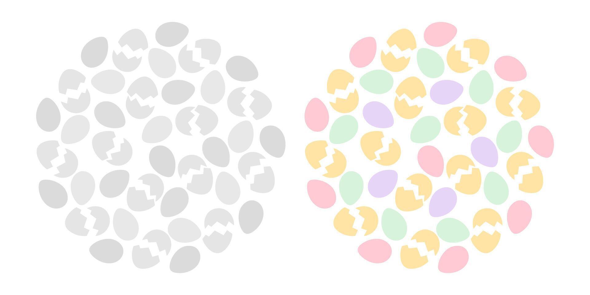 Eggs and cracked eggshell Circle Background texture in grayscale and trendy soft shades. Ester fond. Isolated illustration Thematic card, leaflet, posters, price tag, label or web promo banner vector