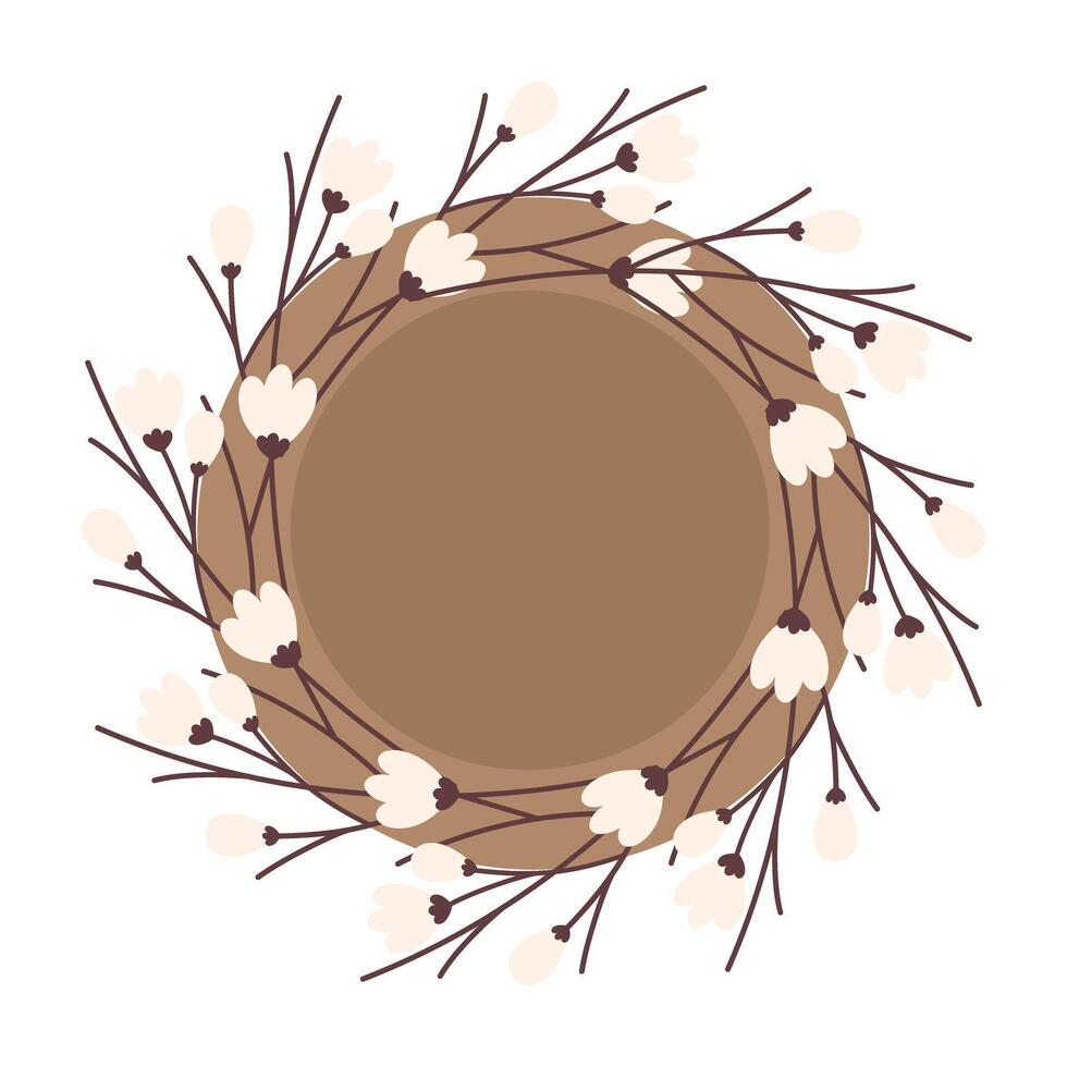 Blooming sprigs empty birds nest in trendy soft shades. Spring design element. Copy space template. Isolated illustration Thematic cards, posting, blog or web promo, leaflets, banner, price tag vector