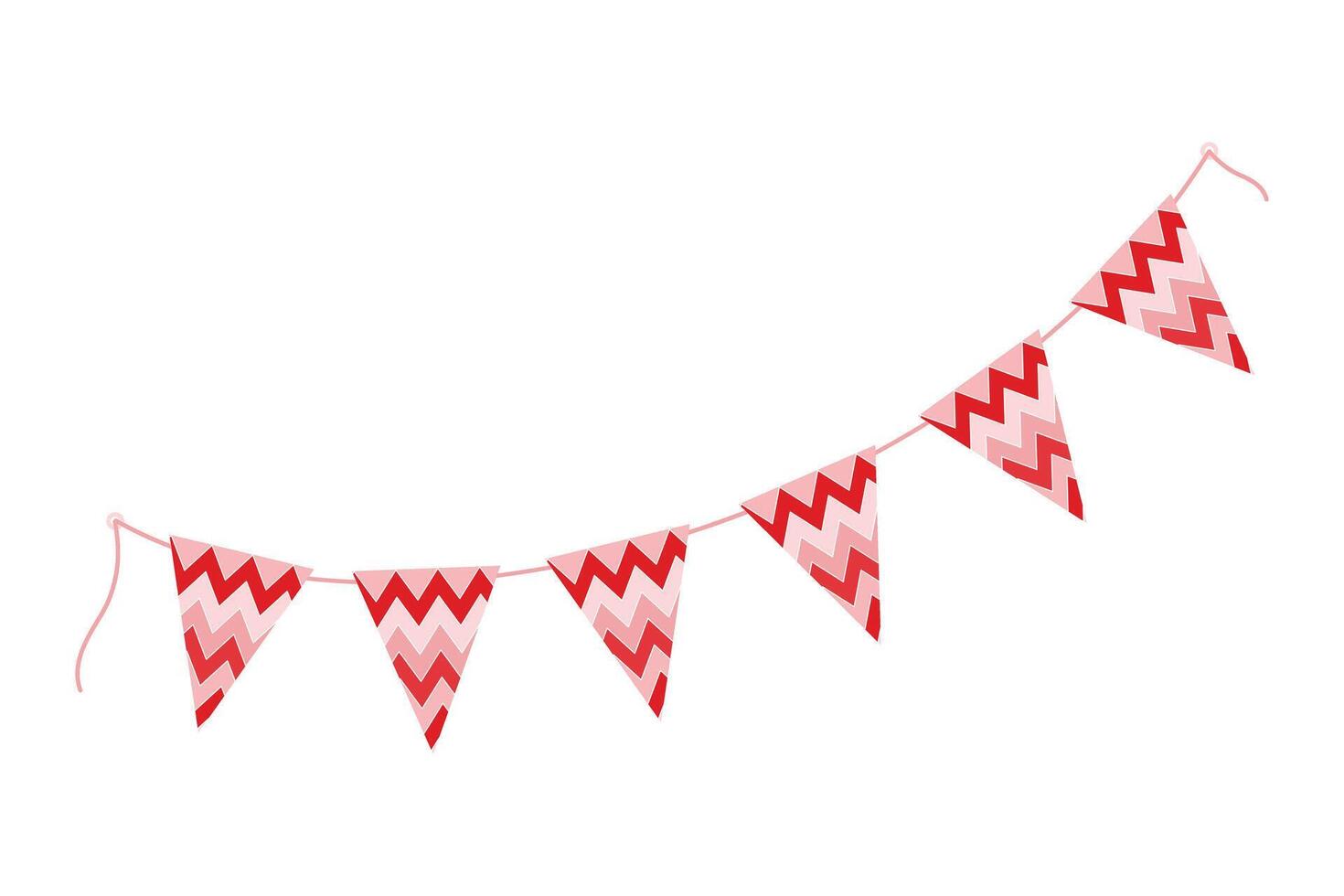 Festive Triangular Pennant garland on rope in trendy monochrome red. Valentines Day decoration idea. Isolated illustration Thematic cards, posting, blog or web promo, banners, price tag, labels vector