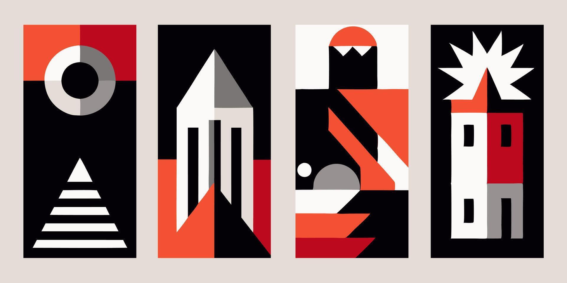 A set of four posters with geometric shapes and a building vector