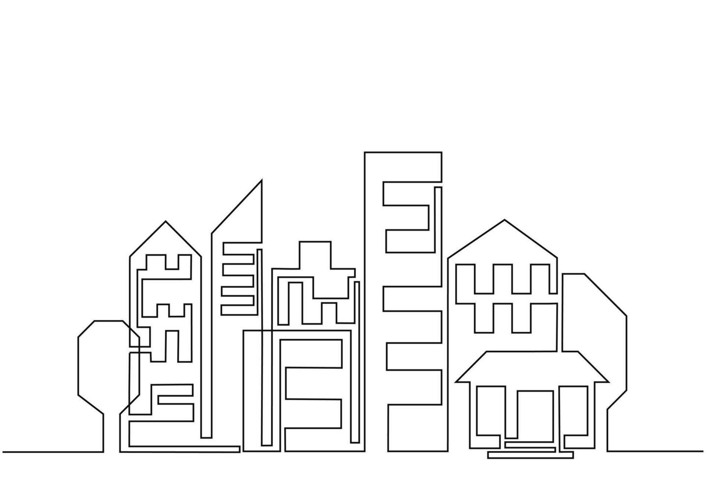 Modern House or commercial building in continuous line art drawing style. Architecture black linear sketch with trees isolated on white background vector