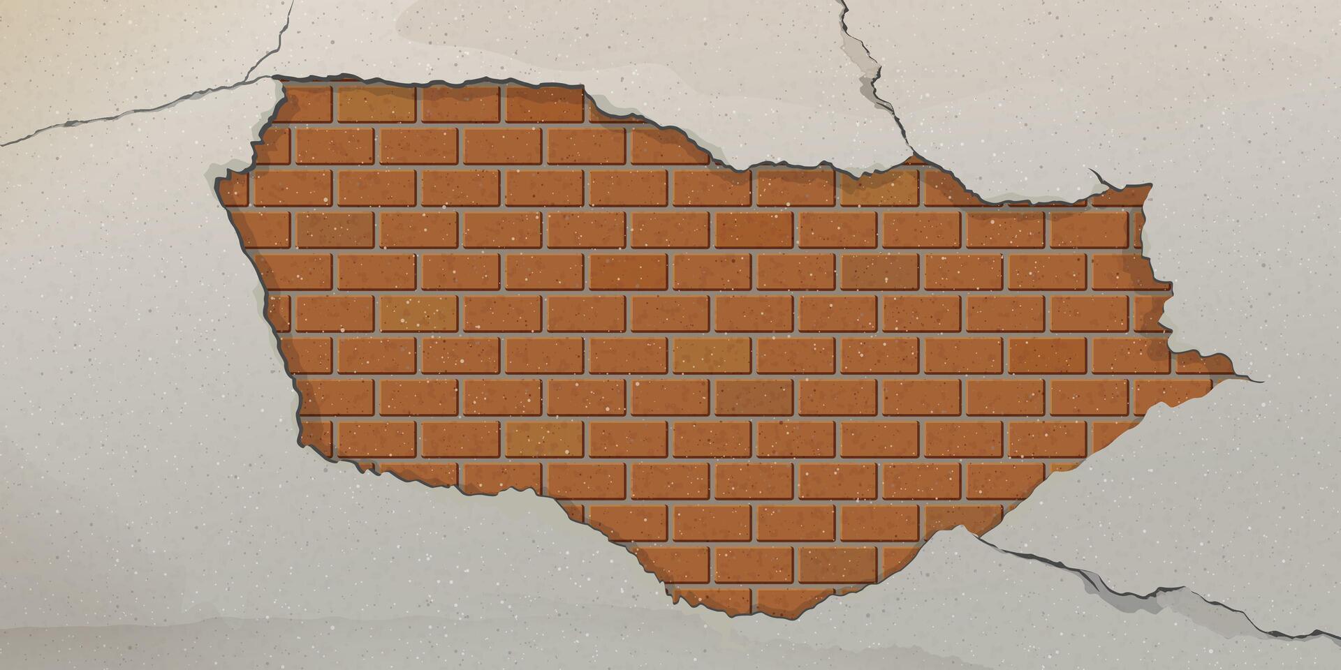 The old cement wall has been plastered until the plaster has cracked and revealed the brick inside graphic illustration. vector