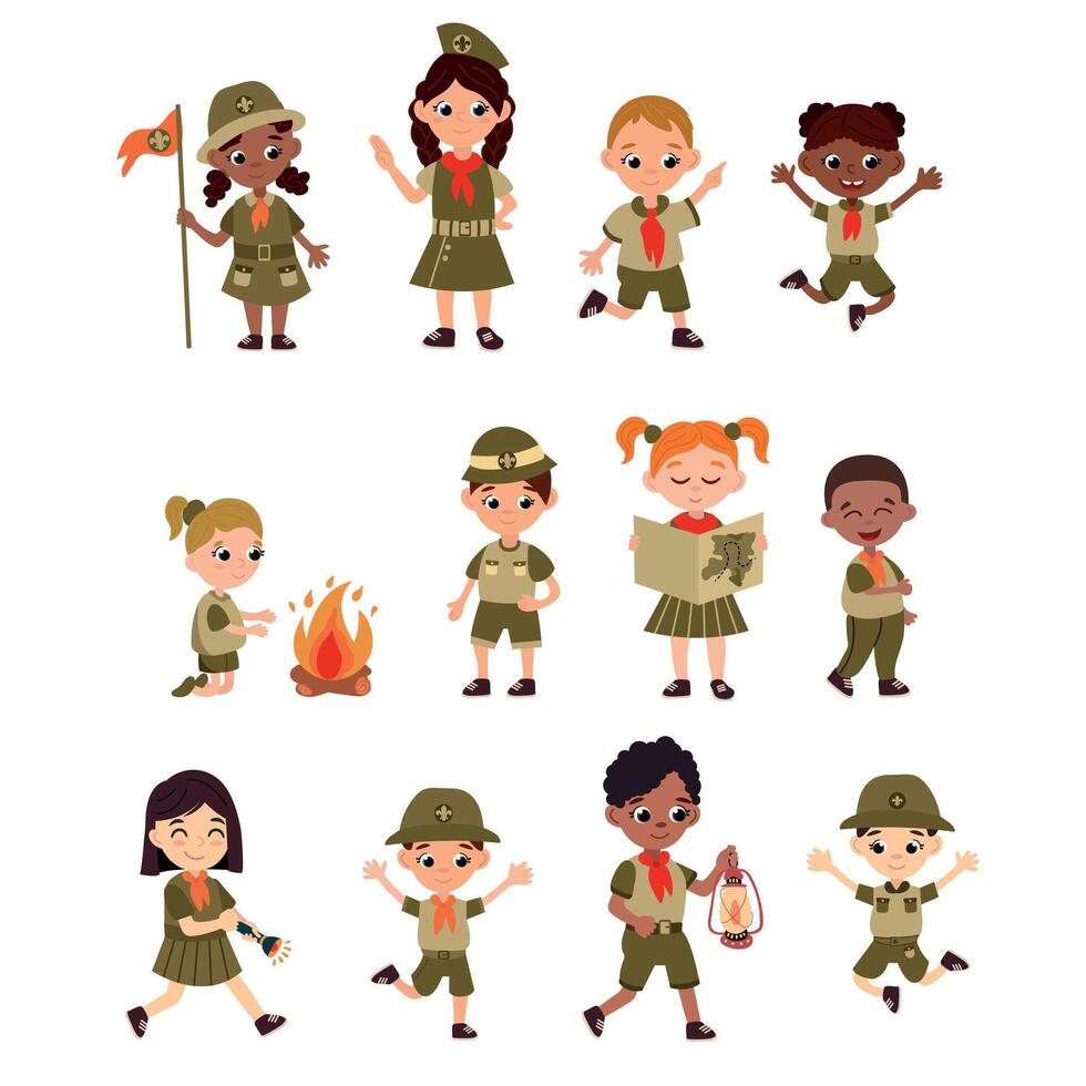 A set of scouts Cheerful boy and girl scouts in different poses vector