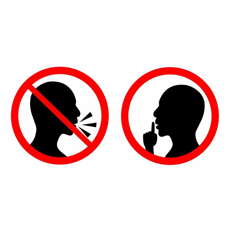 Please be quiet and calm. Shhh sign icon with a black face and a man's hand with a red circle. Finger covering mouth on white background. silhouette. vector