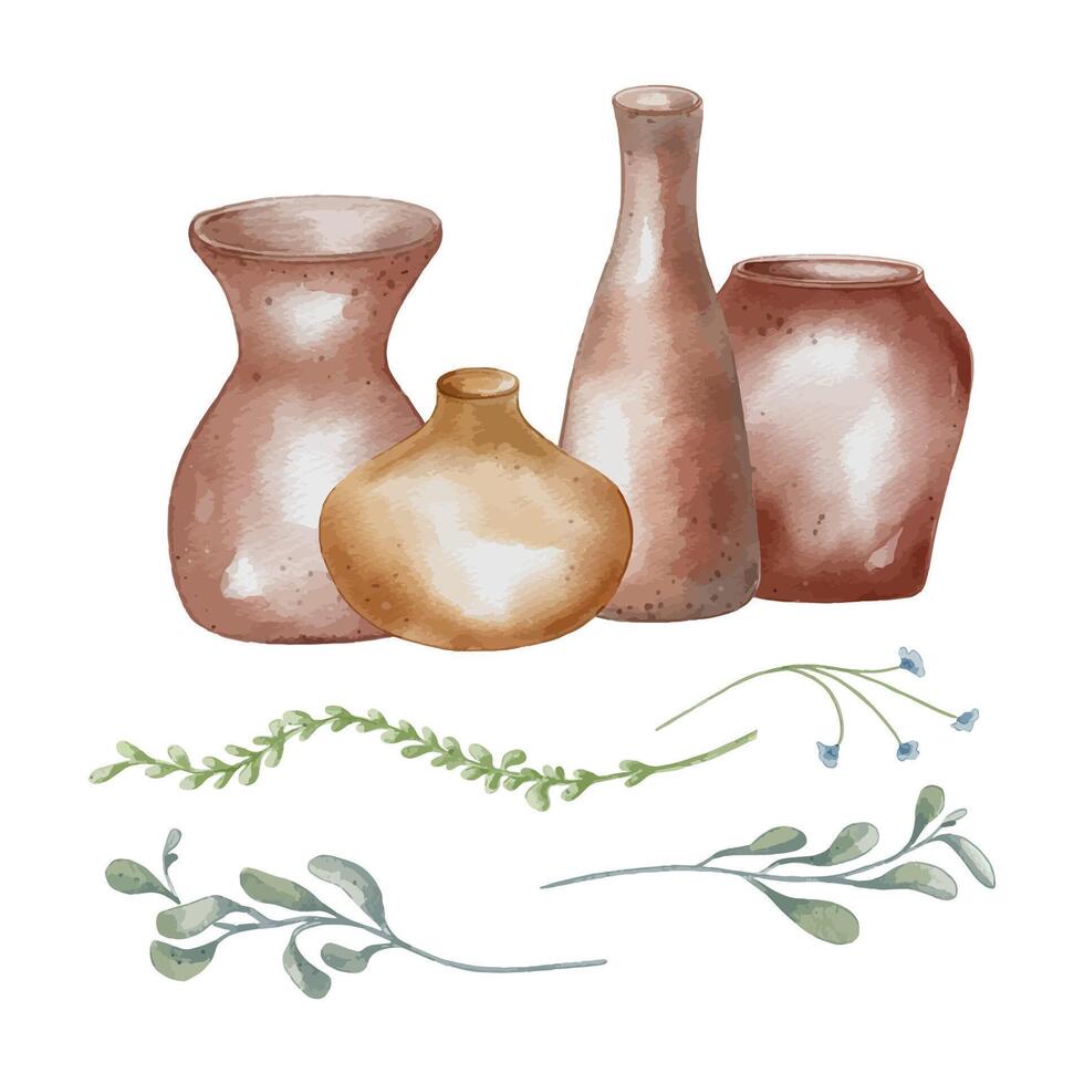 Set of pottery in a row and plant elements in pastel tone. Tall jug and wide vase in watercolor illustration isolated. Leaves and clay dishes hand drawn. For ceramics workshop, school, modeling vector