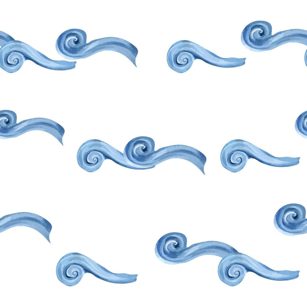 Sea water waves in cute style endless pattern. Curly blue waves hand drawn watercolor seamless pattern. Marine background for textile, packaging, cover. Marine life for children illustration vector