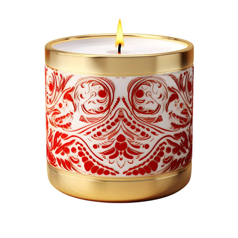Red and Gold Festive Candle with Ornate Patterns png