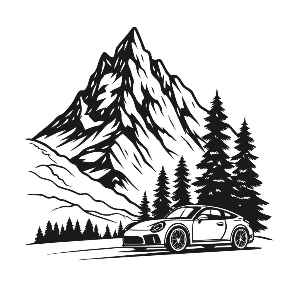 a car driving through the mountains with pine trees vector