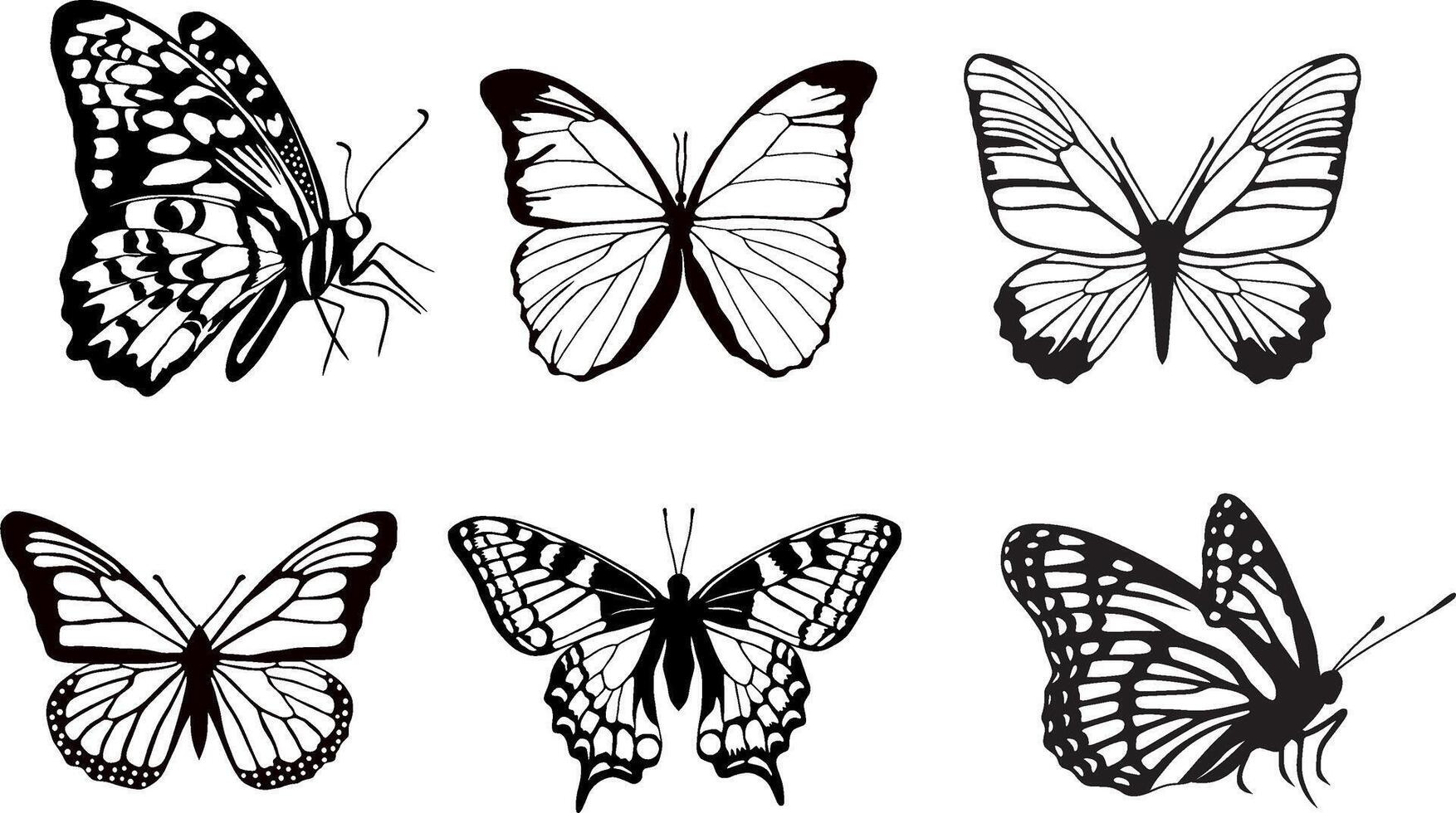 set of monochrome butterflies. Beautiful insect with large black wings. Drawing of a flying beetle.Suitable for sandblasting, laser and plotter cutting. vector