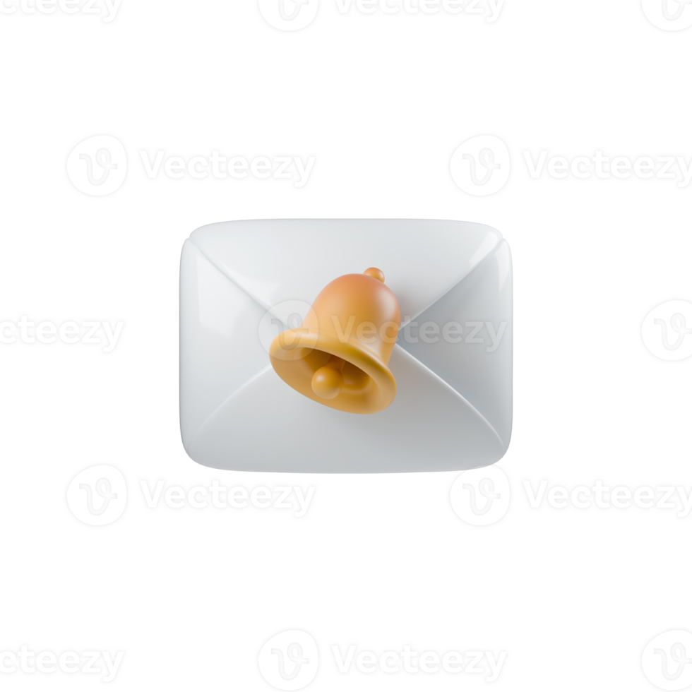 Minimalist 3d illustration of a white envelope topped with a golden bell, symbolizing communication and anticipation through simple design png