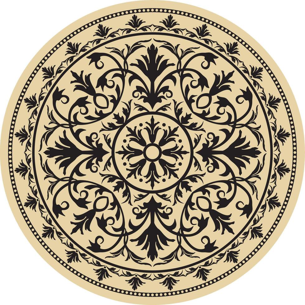 round golden classic ornament. A circle with a black pattern. Ceiling decoration, ancient Rome, Greece. vector