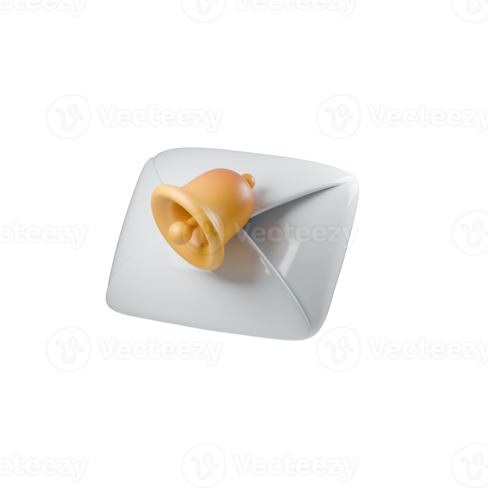 Minimalist 3d illustration of white envelope topped with a golden bell, symbolizing communication and anticipation through simple design, perspective view isolated on a transparent background png