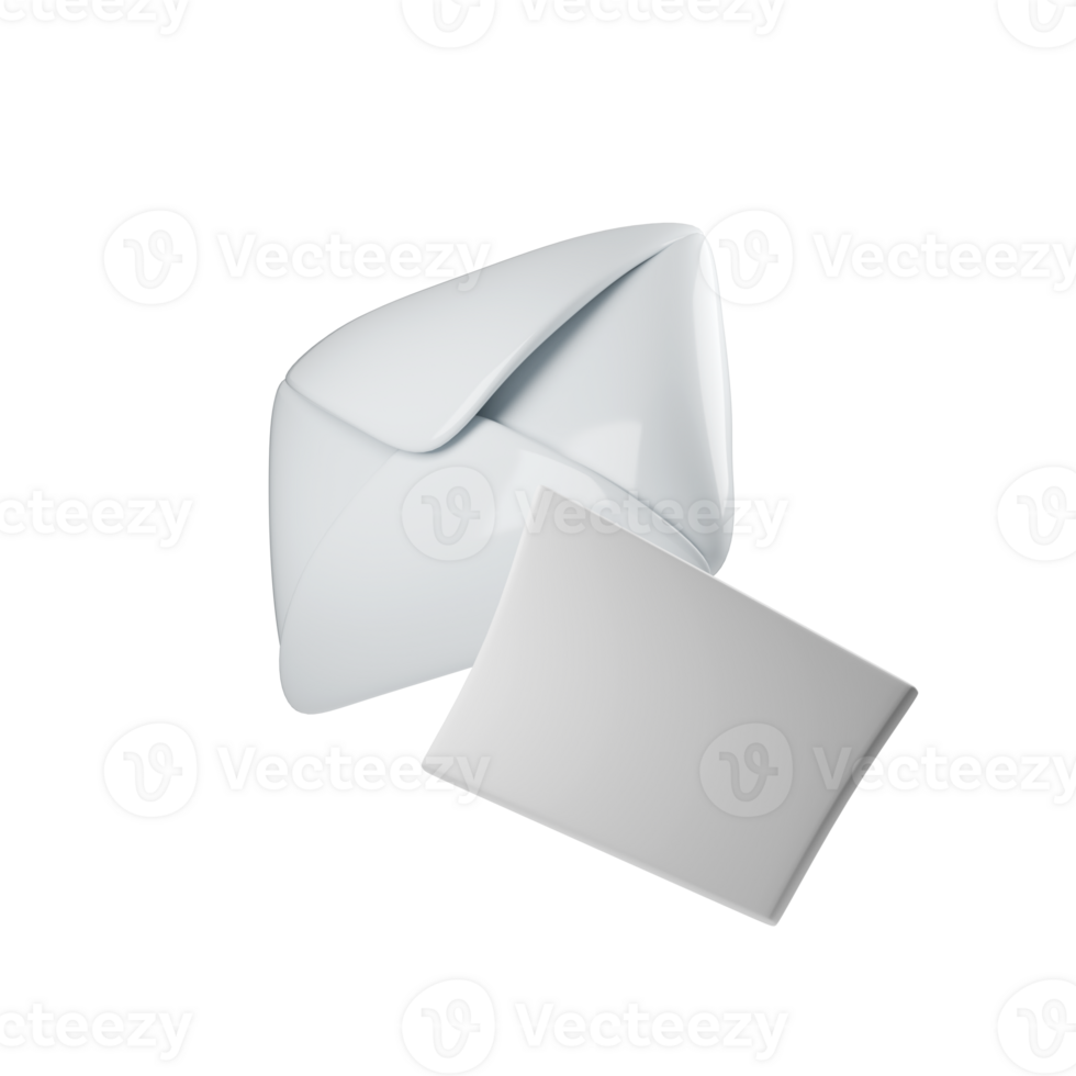 3d modern, glossy white envelope partially opened next to blank card on clean background. Perfect for business, stationery design, or minimalist branding concepts png