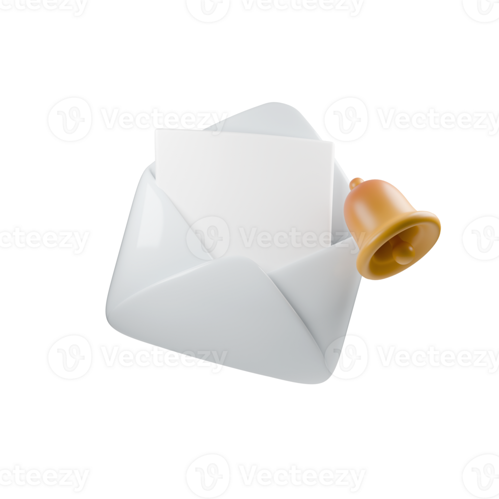 3d modern, minimalist illustration of a white open envelope and yellow bell, symbolizing communication and alertness in a clean, playful design png