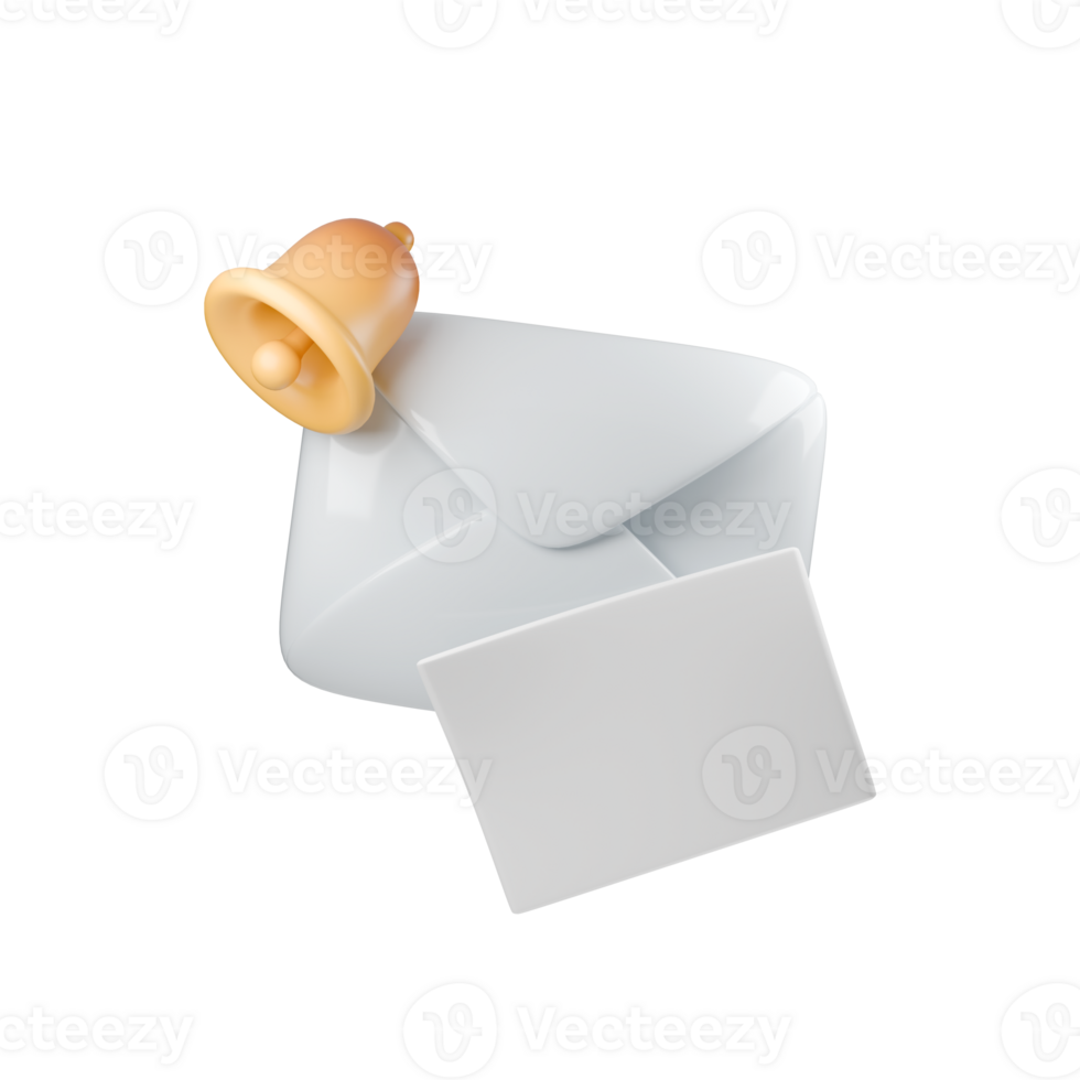 3d modern, minimalist illustration of a white envelope and yellow bell, symbolizing communication and alertness in a clean, playful design png