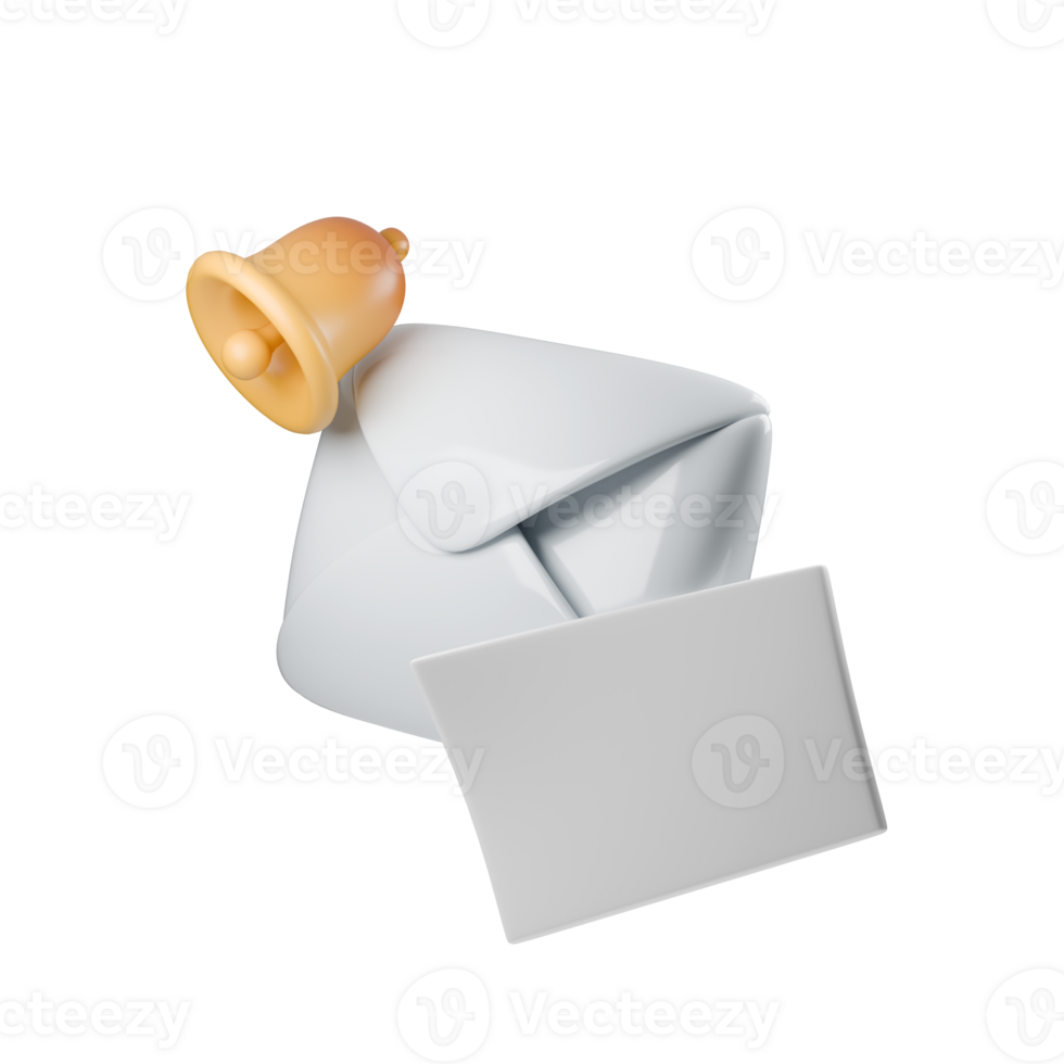 3d modern, minimalist illustration of a white envelope and yellow bell, symbolizing communication and alertness in a clean, playful design, perspective view isolated on clean background png