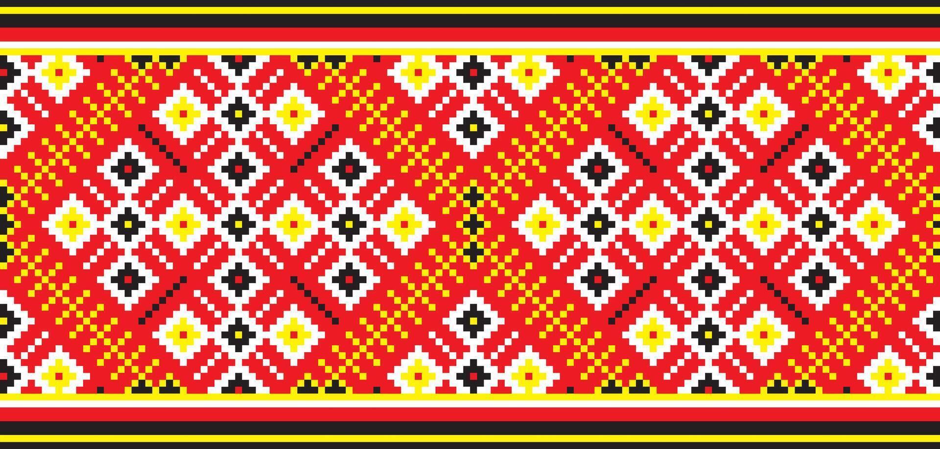 colored seamless Ukrainian national ornament, embroidery. Endless ethnic floral border, Slavic peoples frame. Red cross stitch. vector