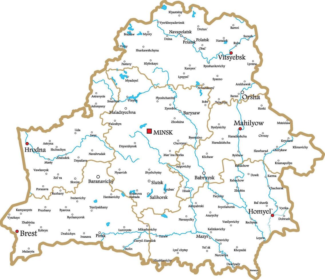 contour administrative map of the Republic of Belarus. The territory of the state with large cities and borders of regions. vector