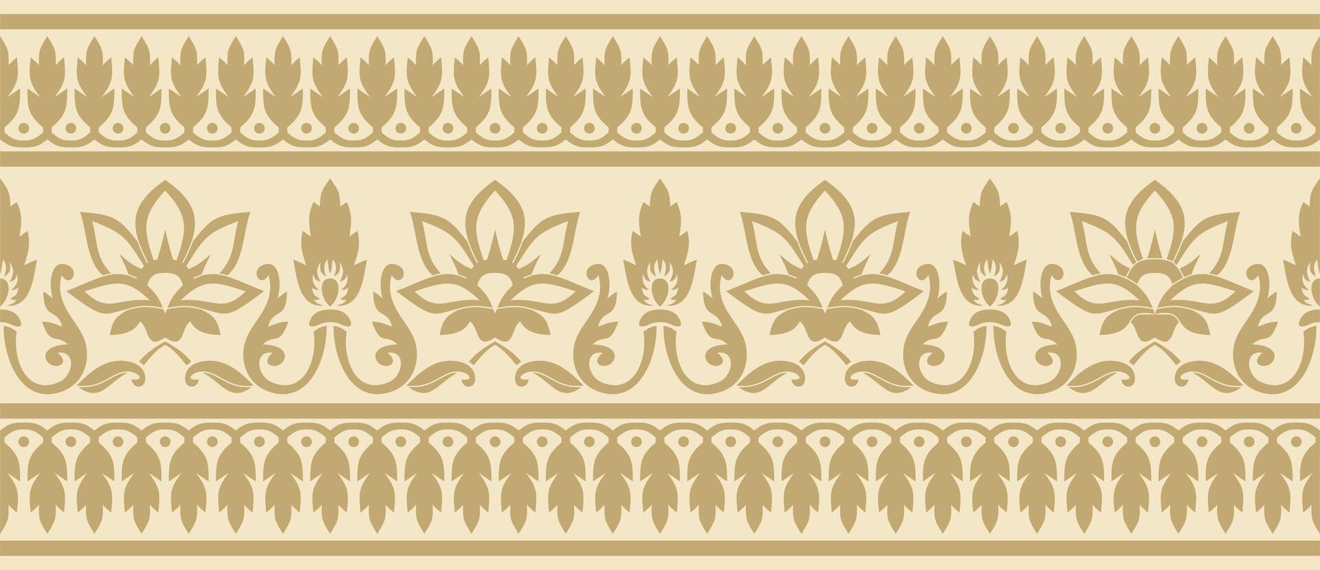 seamless gold indian national ornament. Ethnic endless plant border. Flowers frame. Poppies and leaves. vector