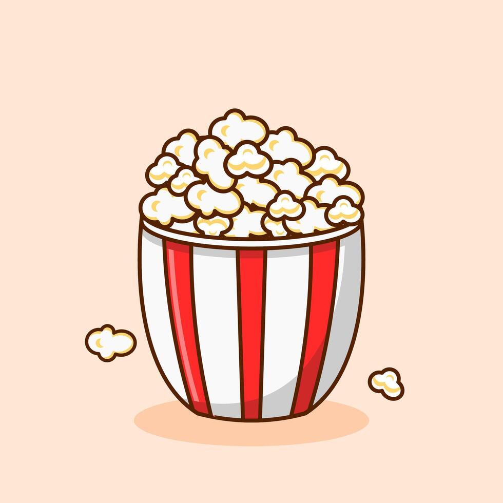 Salted popcorn in a red and white striped paper container. Icon illustration of a pack of fast food, popcorn for watching a movie or cinema designed in cartoon flat style. vector