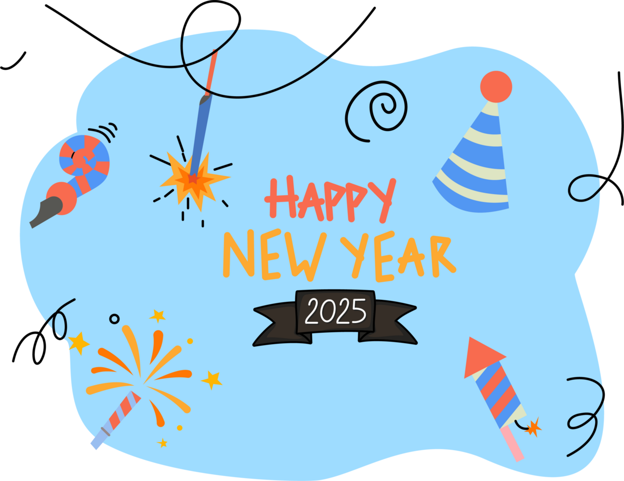 happy new year 2025 greeting banner in cartoon flat design style png
