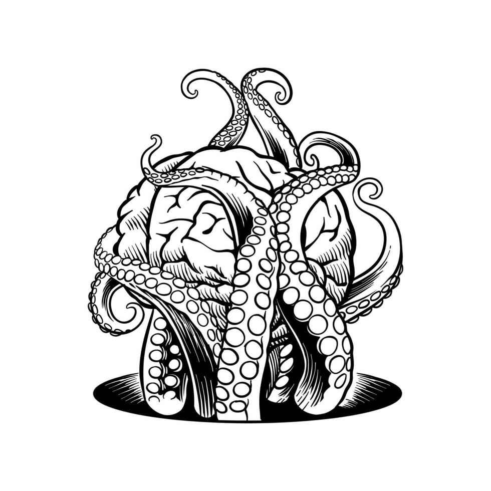 black and white illustration of a brain entangled in octopus tentacles vector