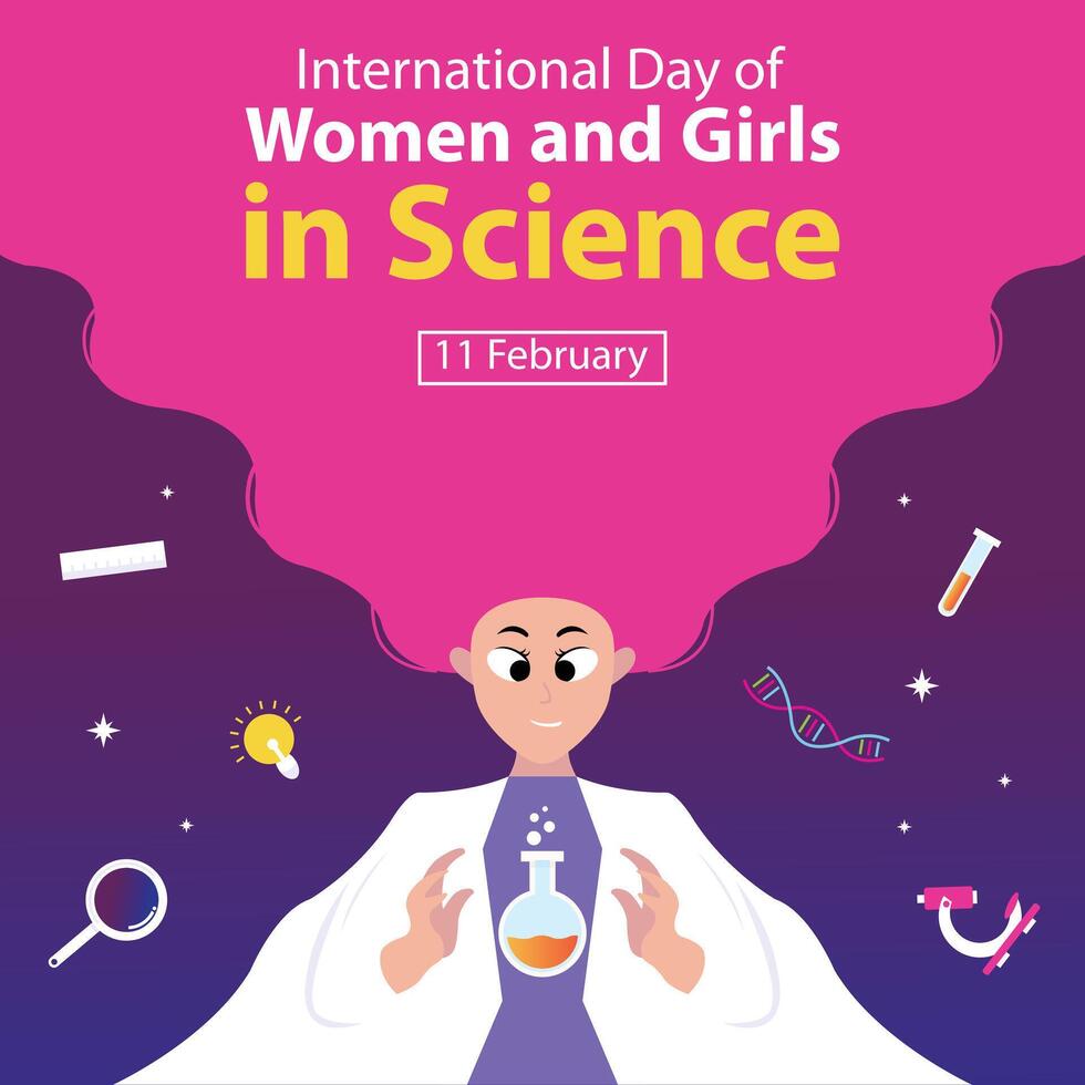 illustration graphic of a woman is holding a floating test tube, perfect for international day, women and girls in science, celebrate, greeting card, etc. vector