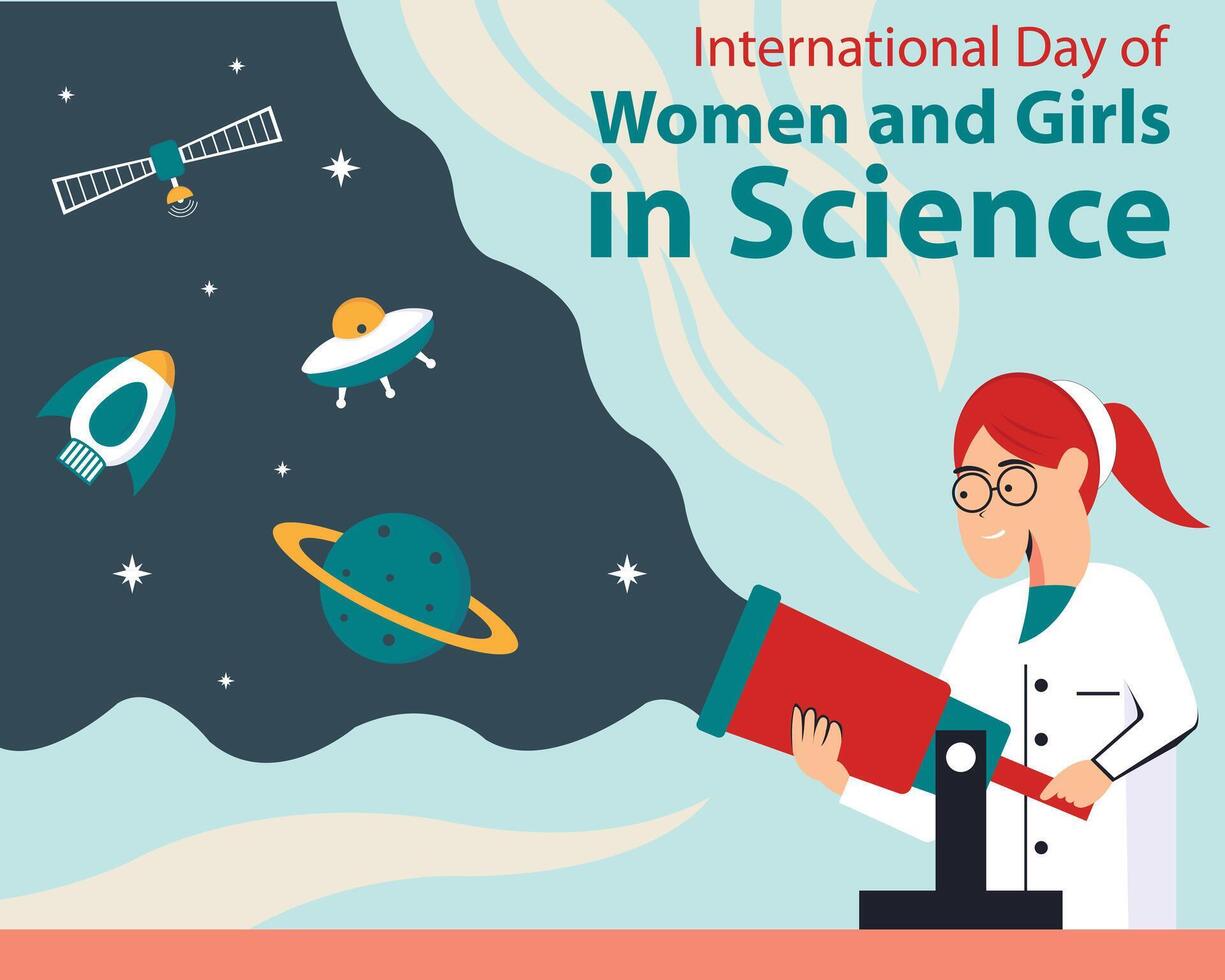 illustration graphic of a woman is holding a telescope, showing space objects, perfect for international day, women and girls in science, celebrate, greeting card, etc. vector