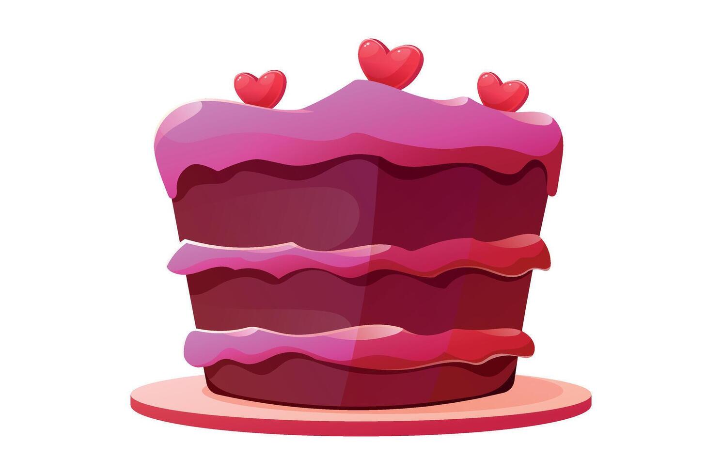 Charming cartoon isolated illustration, cake with pink frosting, heart decorations, lit candle. Birthday, wedding, or romantic Valentine's Day designs vector