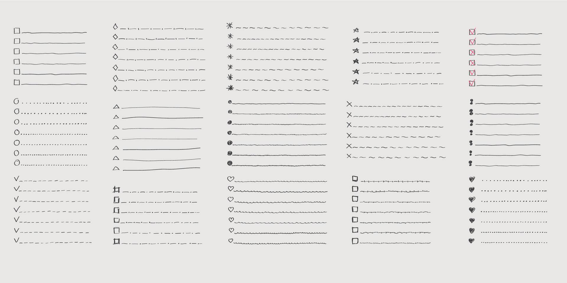 Collection of isolated outline hand drawn check to do list, bullet, check mark and check box in a doodle sketch cartoon style. Set of paper note with task plan. vector