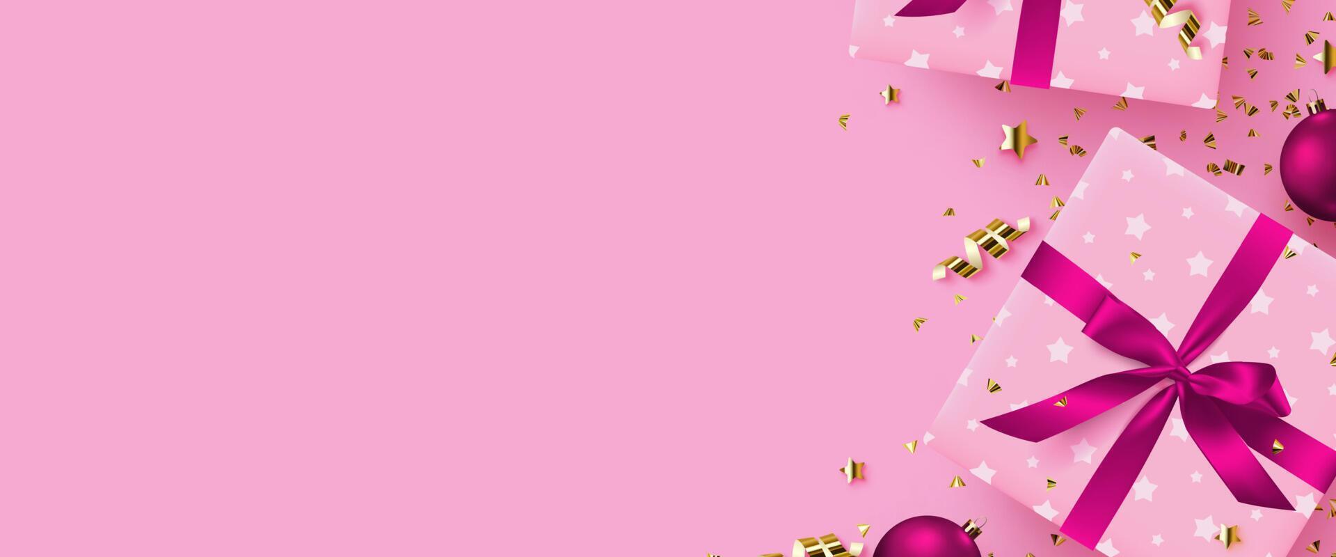 Pink gift boxes with ribbons and confetti on a pink background vector