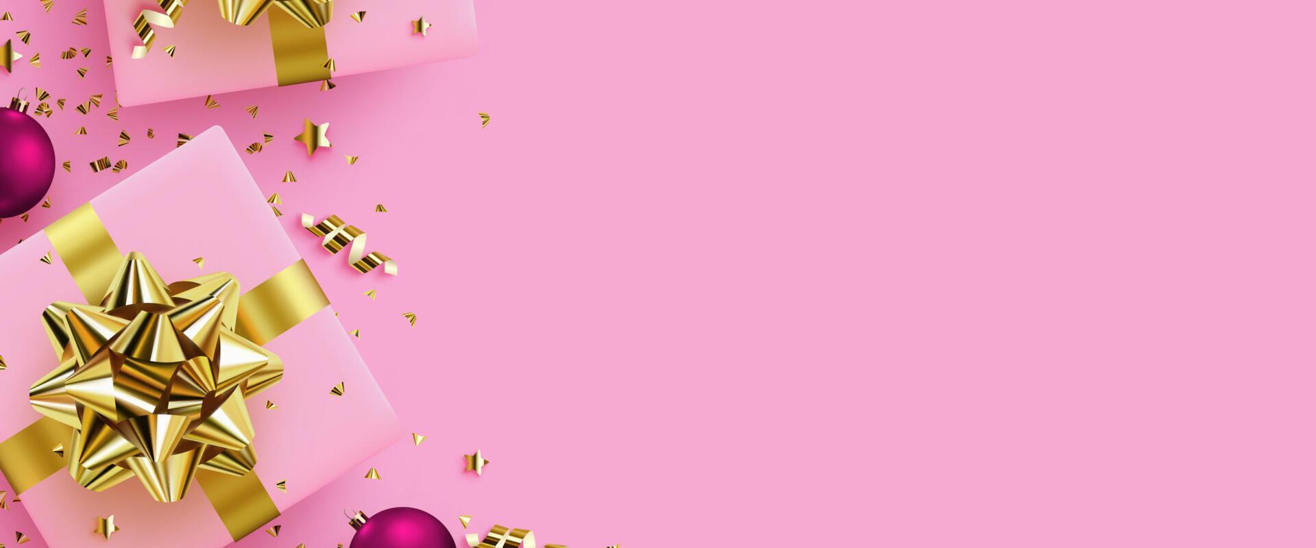 Golden gift boxes on pink background with confetti vector