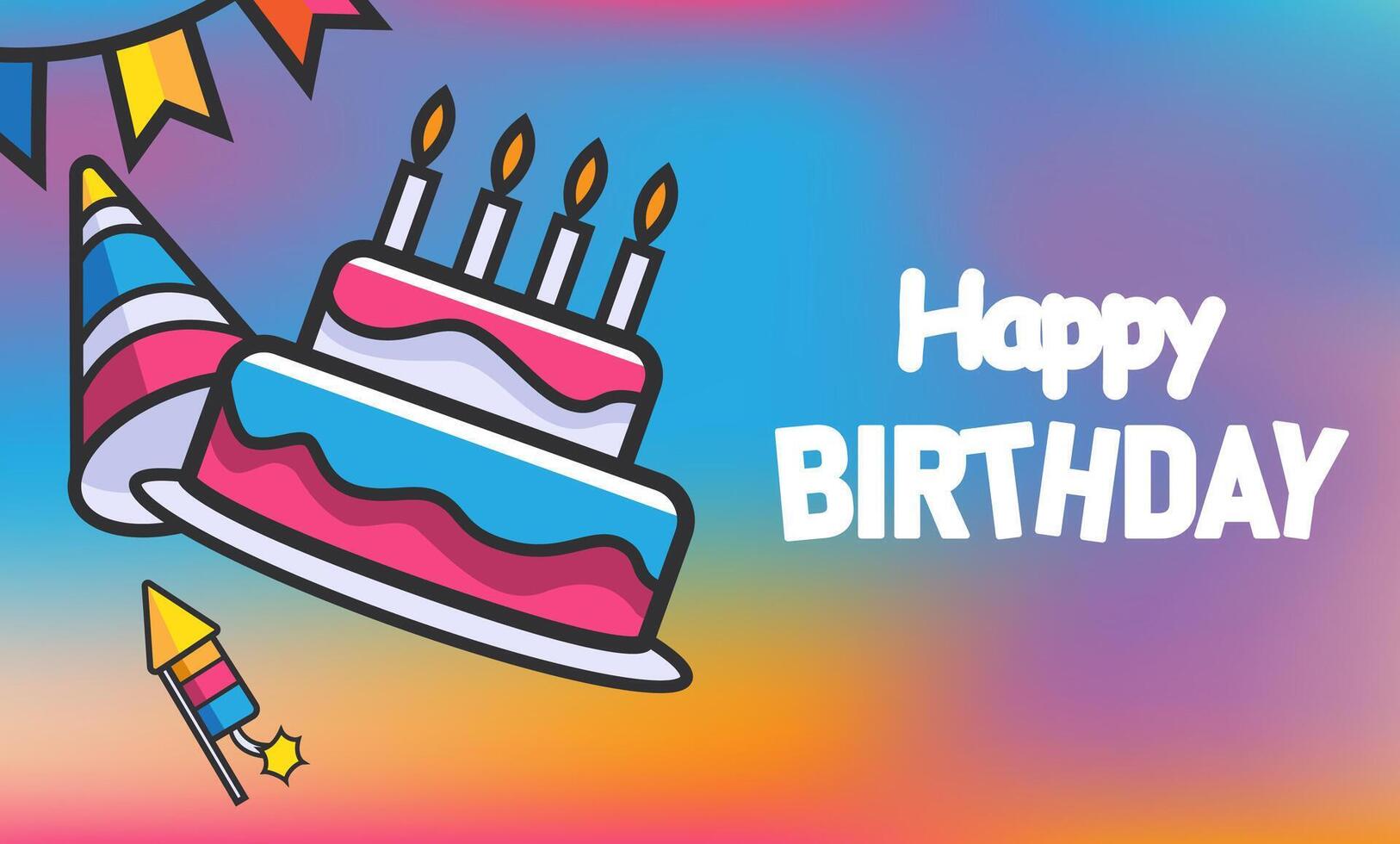 Happy birthday with colorful party hat and cake vector