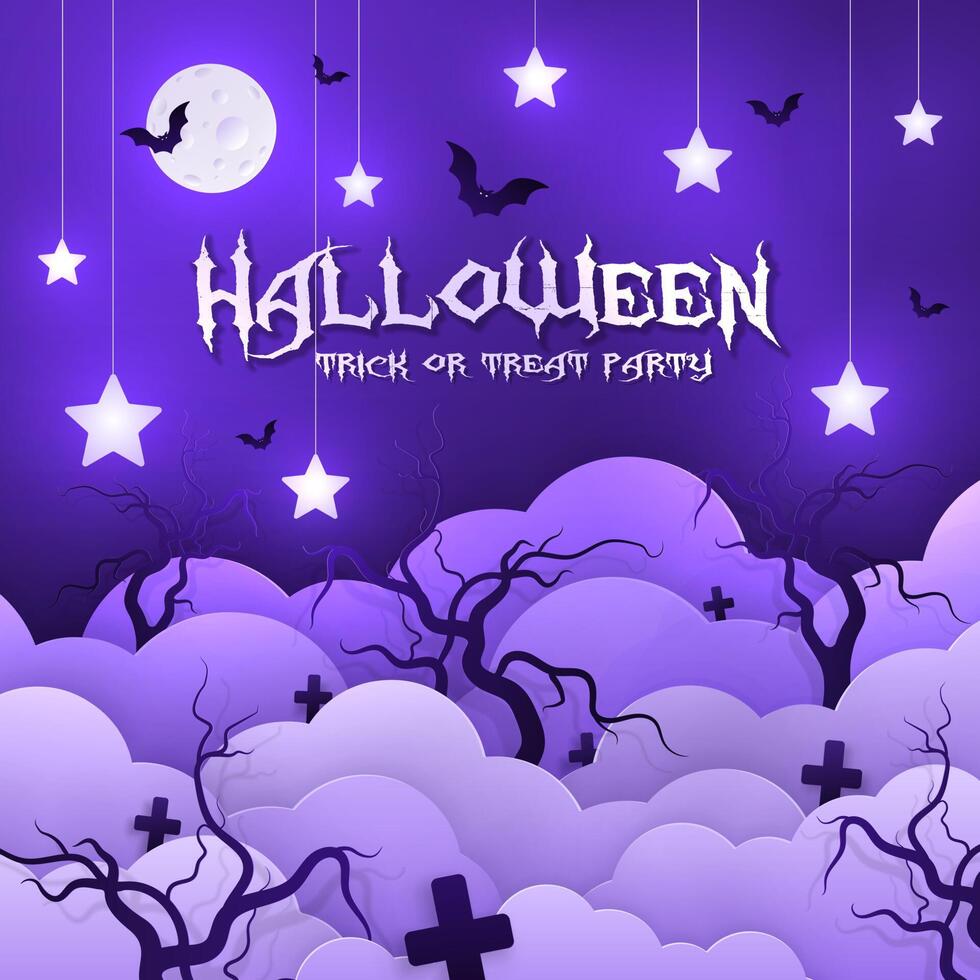 Halloween party background with bats, trees, stars, moon and stars illustration vector