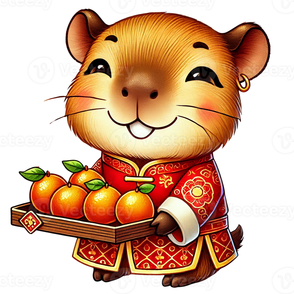 Cute capybara cartoon character holding oranges in festive attire. Chinese New Year clipart. png