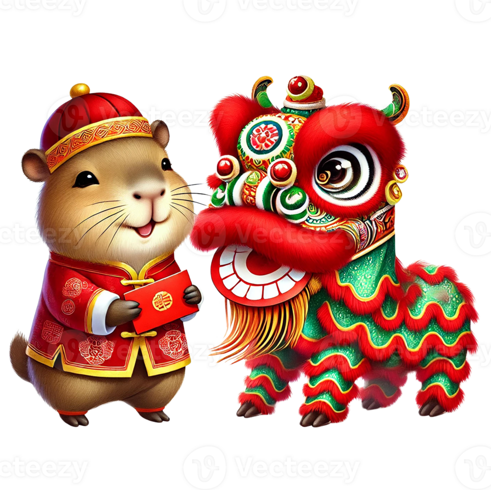 Cute capybara cartoon character celebrating new year with lion dance. Chinese New Year clipart. png