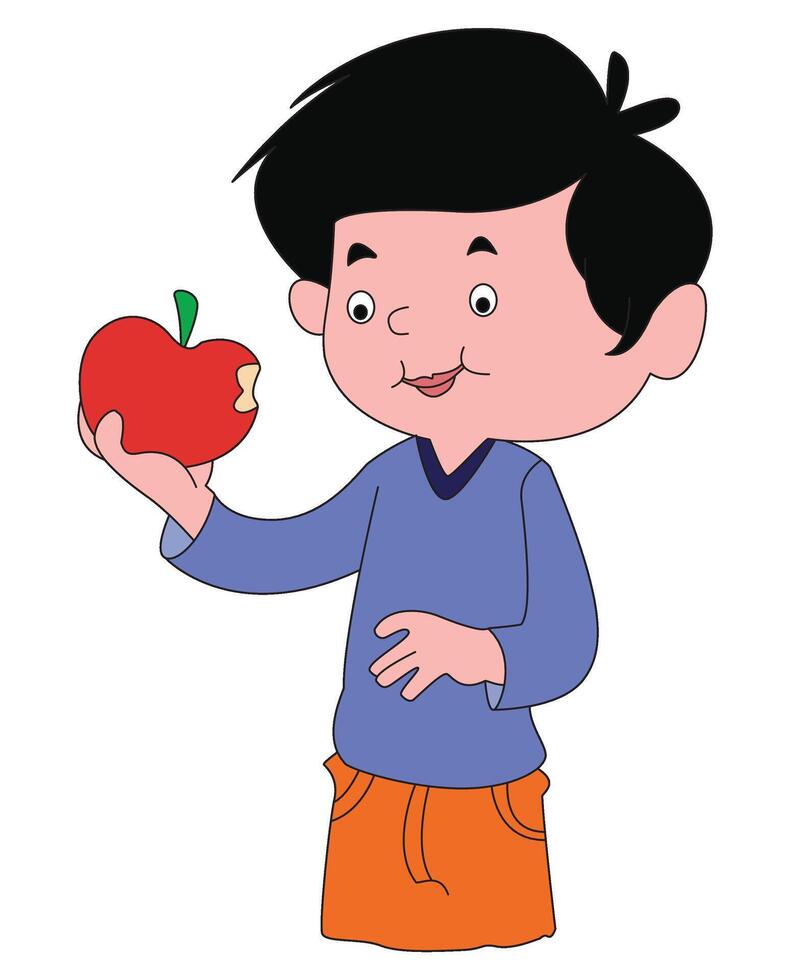 A cute boy sitting and cutting an apple vector
