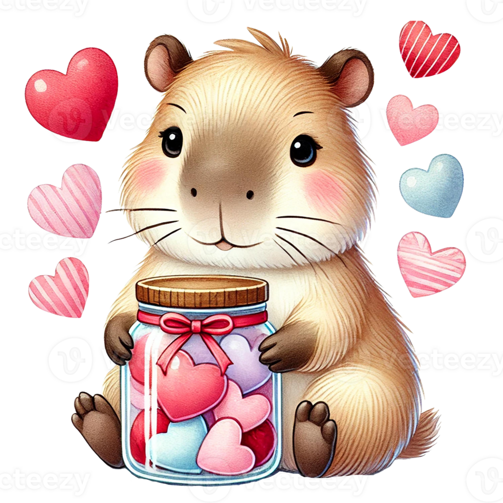 Cute capybara holding a jar of hearts, surrounded by love. Animal cartoon character. png