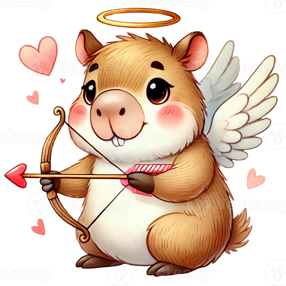 Cute capybara with wings and a bow, surrounded by hearts. Animal cartoon character. png