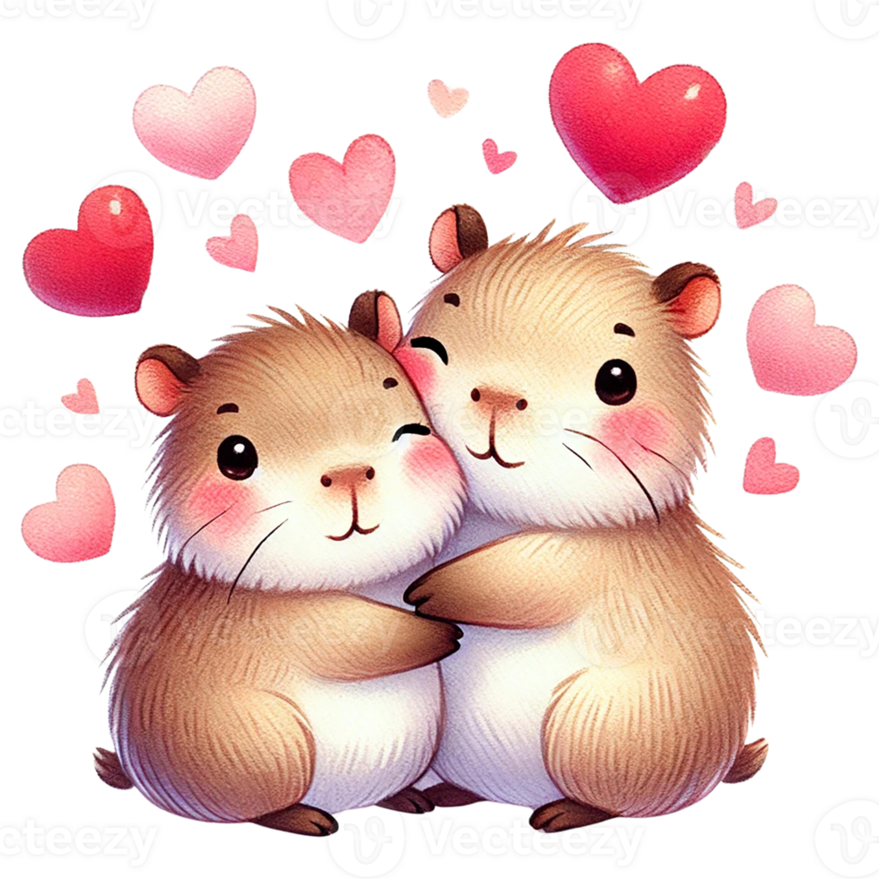 Cute capybara hugging with hearts in a joyful illustration. Animal cartoon character. png