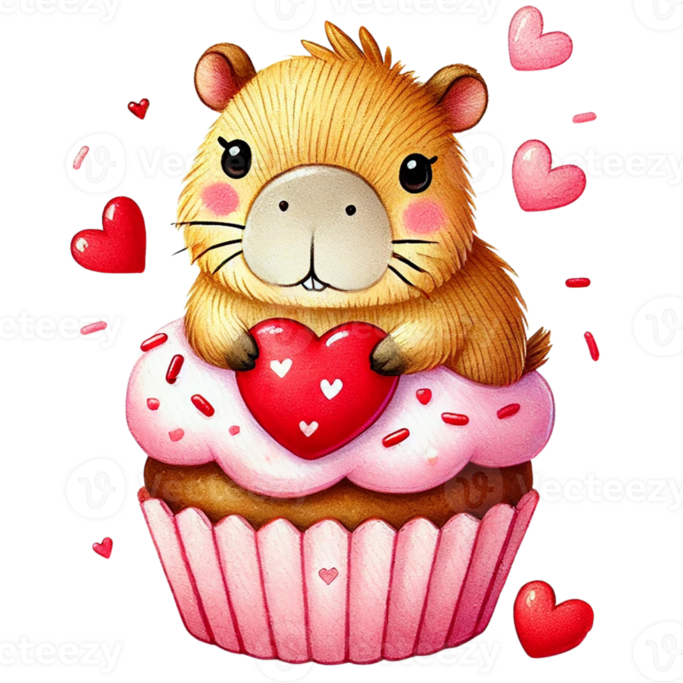 Cute capybara on a cupcake with hearts for a sweet treat. Animal cartoon character. png