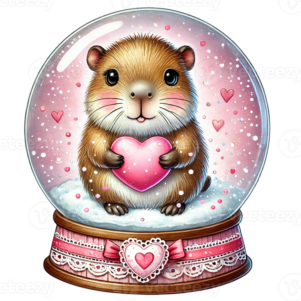 Cute capybara in a snow globe holding a heart-shaped gift. Animal cartoon character. png