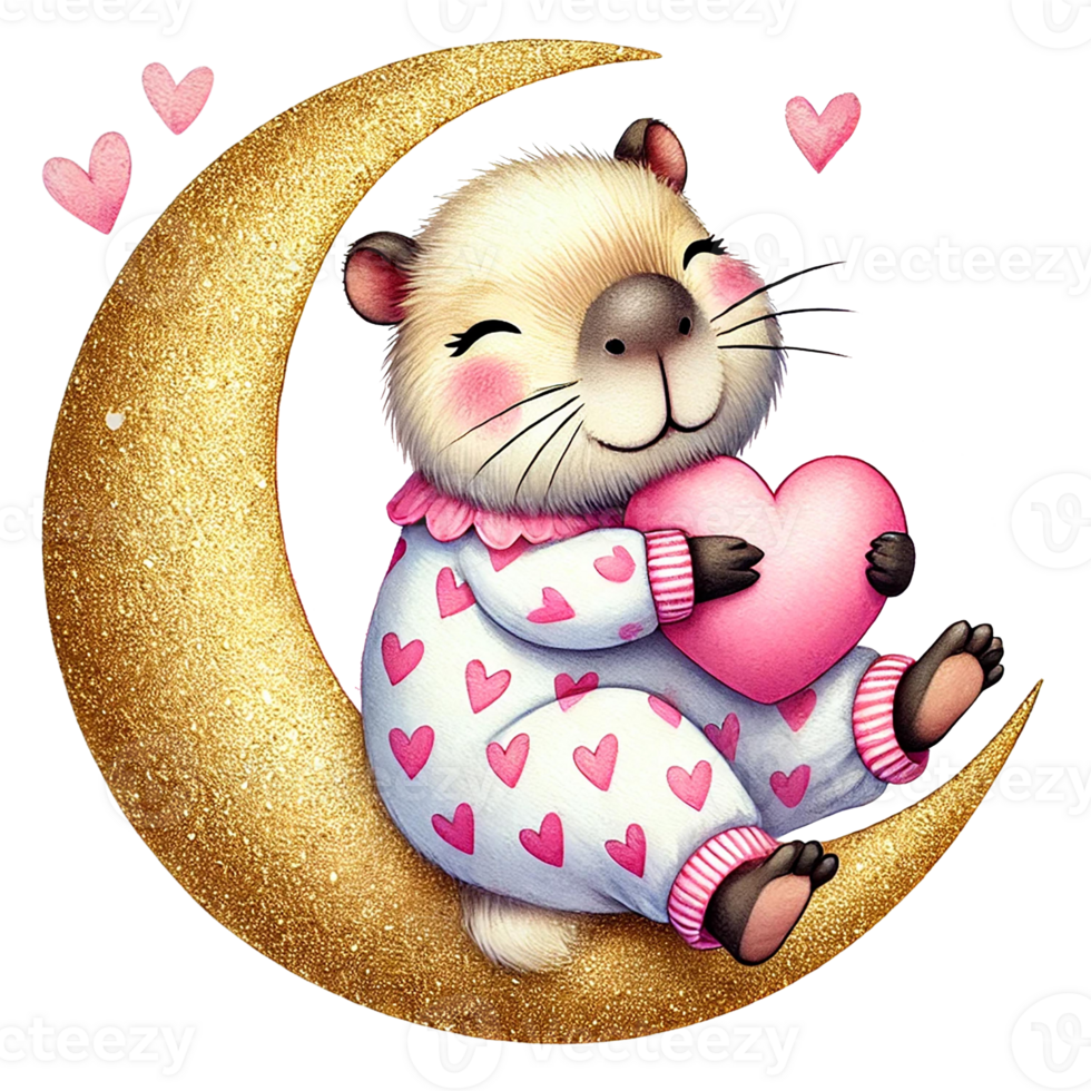 Cute cartoon capybara holding a heart, sitting on a moon. Animal cartoon character. png