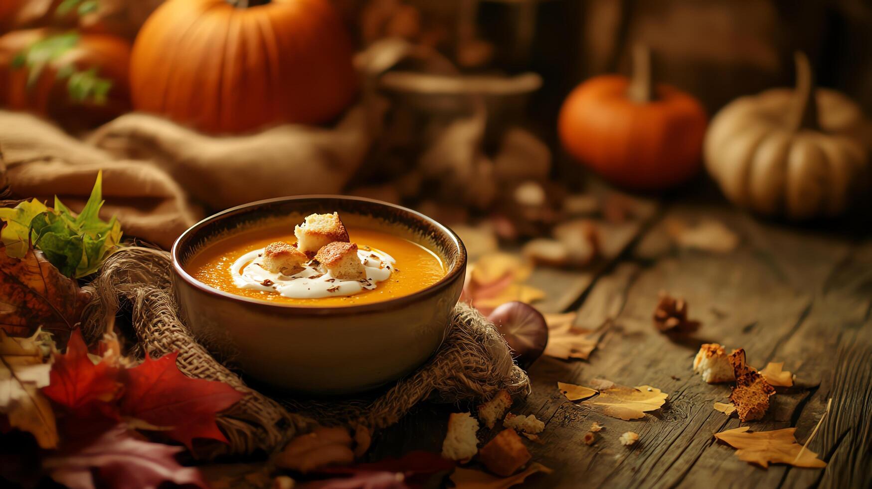A cozy autumn setup with a warm bowl of pumpkin soup, topped with cream and croutons, surrounded by seasonal ingredients photo