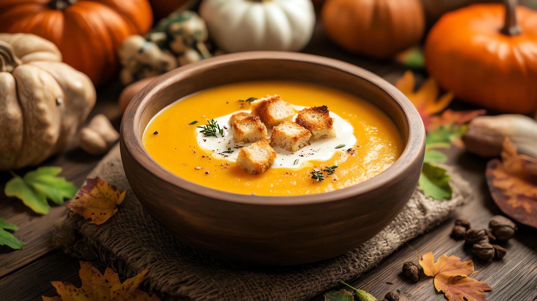 A cozy autumn setup with a warm bowl of pumpkin soup, topped with cream and croutons, surrounded by seasonal ingredients photo