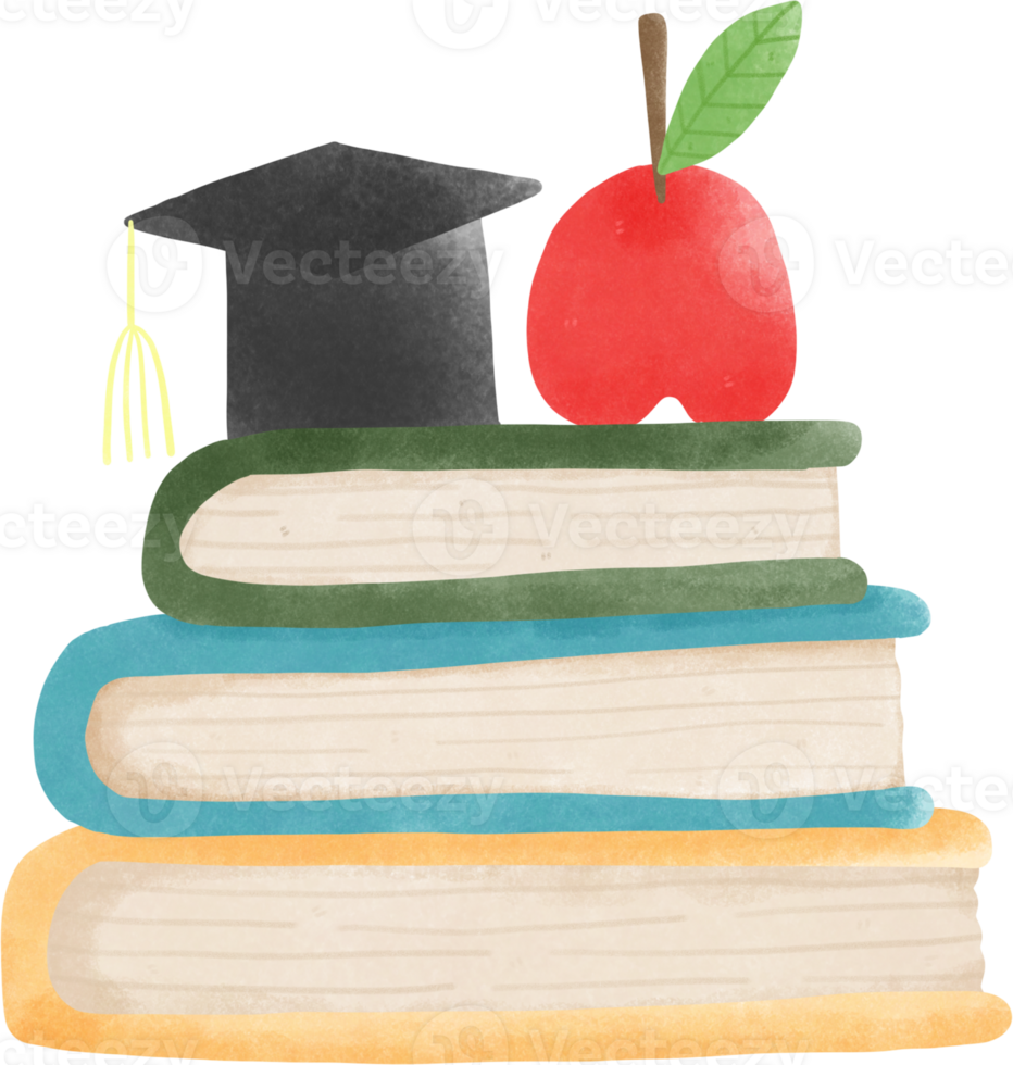 a stack of books with an apple and a graduation cap png